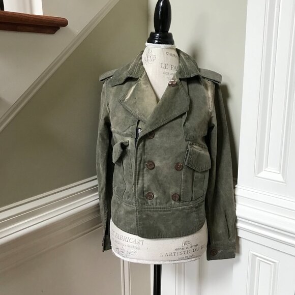 Golden Goose Utility Jacket Womens XS Green Button Zip Moto Biker GGDB Distress - Picture 2 of 13